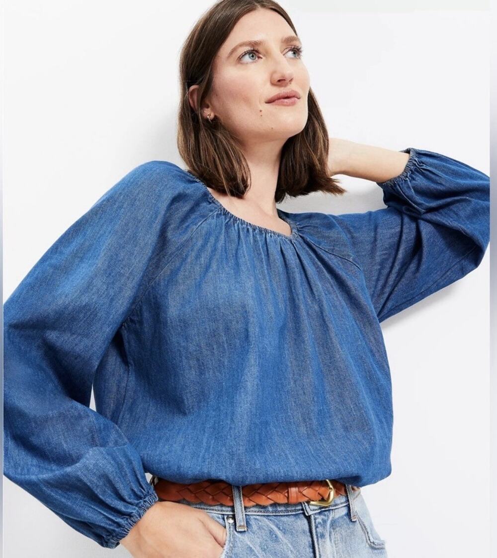 LOFT Chambray Denim Elastic Neck Long Sleeve Cotton Top Prairie Blouse Boho Sz L